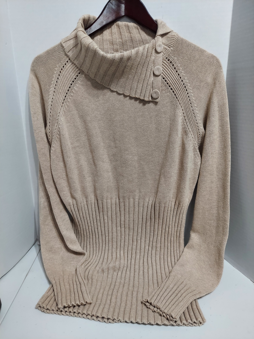 Axcess Beige Ribbed Funnel Neck Button-Accent Sweater